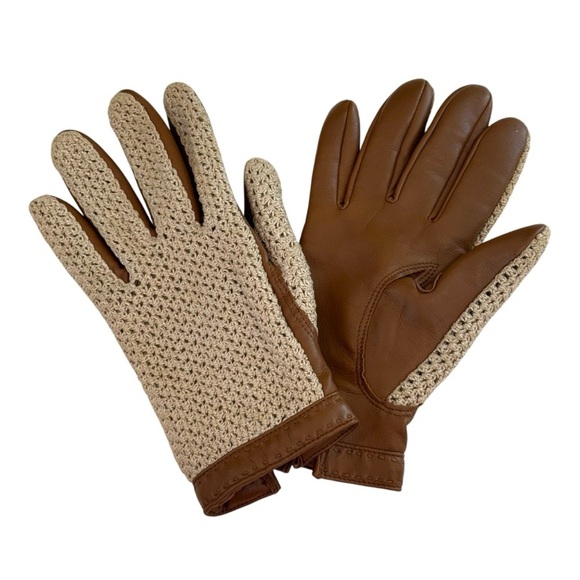 Fownes Vintage Driving Gloves Brown Tan Knit Cotton Vinyl WPL 9522 Size Small - Picture 1 of 9